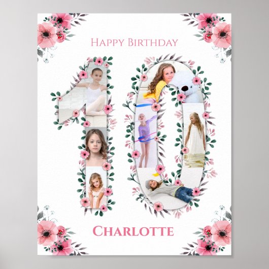 Poster Gros 10e anniversaire fille photo Collage Fleur ro (Devant)