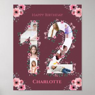 Poster Gros 12e anniversaire Fille rose Collage photo