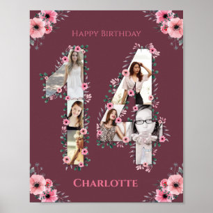 Poster Gros 14e anniversaire Fille rose Collage photo