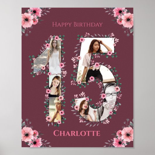 Poster Gros 15e anniversaire Fille rose Collage photo (Devant)