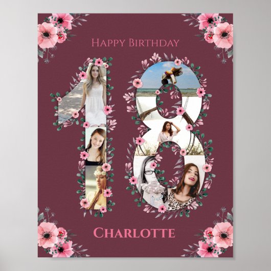 Poster Gros 18e anniversaire Fille rose Collage photo (Devant)