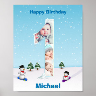 Poster Gros 1er anniversaire hiver glace neige Collage ph