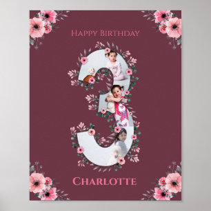 Poster Gros 3ème anniversaire fille photo Collage Fleur r