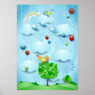 Poster Gros arbre et poissons volants