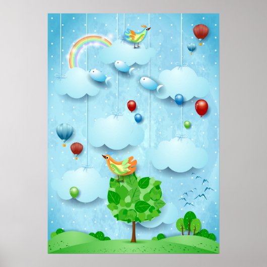 Poster Gros arbre et poissons volants (Devant)