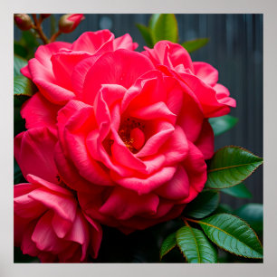 Poster Gros plan sur une rose rose vibrante en fleurs au 