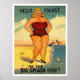 Poster Grosse femme sur la plage, drôle vintage