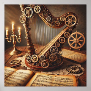 Poster Grosse Harpe Steampunk, Partition, Bougies, Entraî