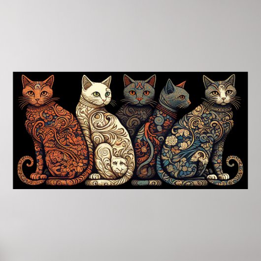 Poster Groupe de chats en papier peint victorien (Devant)