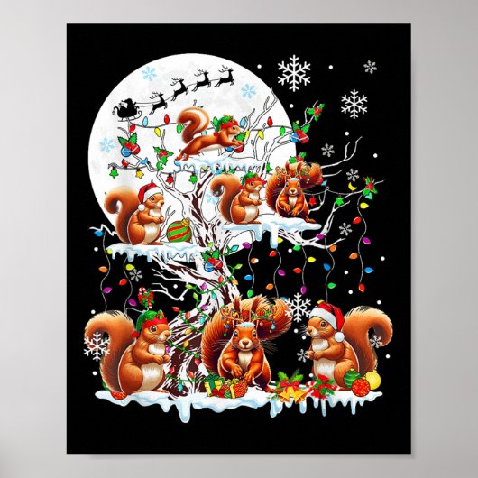 Poster Groupe Père Noël Reindeer Elf Squirrels Sur Arbre (Devant)
