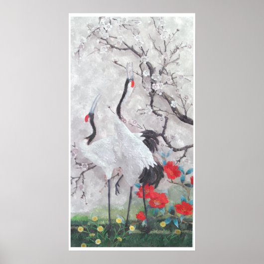 Poster Grue chinoise à l'aquarelle à fleurs de Pêche (Devant)