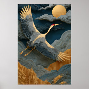Poster Grue élégante volant sous la lune dorée d'Asie de 