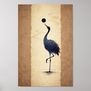 Poster Grue japonaise oiseau zen washi papier art illustr