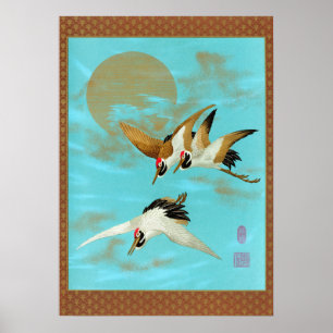 Poster Grue japonaise vintage et soleil doré sur fond ble
