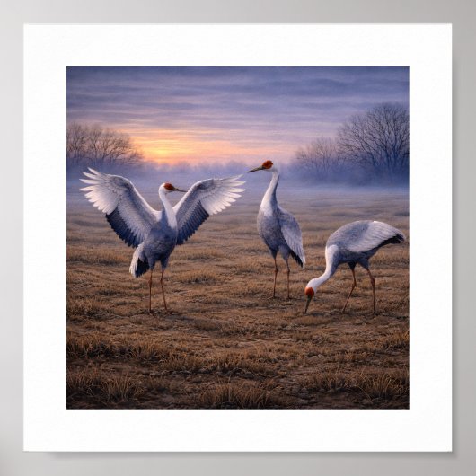Poster Grues à cou blanc dans une plaine hivernale – (Devant)
