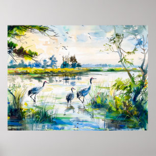 Poster Grues au bord de la rivière Havelland Style aquare
