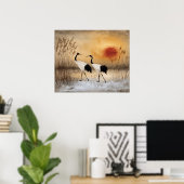 Poster Grues couronnées rouges, oeuvre d'art à l'aquarell (Bureau à domicile)