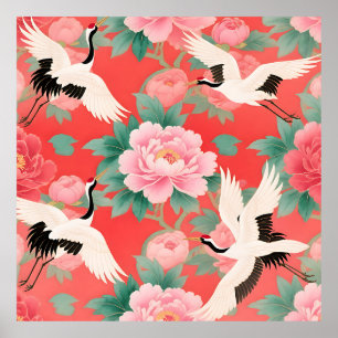 Poster Grues japonaises Pivoines Rouges Élégance Chinoise