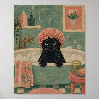 Poster Grumpy Black Cat Bath Time Retro Vintage Art 