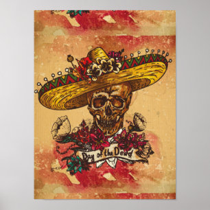 Poster Grunge, halloween, crâne, casquette mexicain, jour