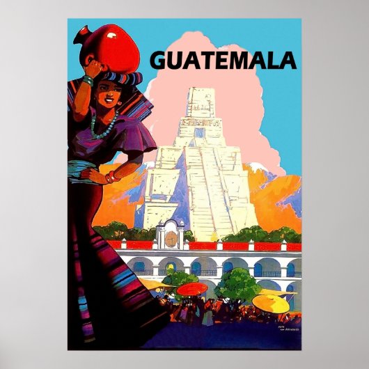 Poster Guatemala, femme indigène avec poterie, pyramide (Devant)