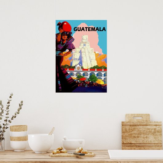 Poster Guatemala, femme native avec poterie, pyramide (Cuisine)