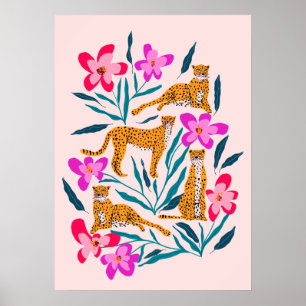 Poster Guépard mignon moderne avec orchidées