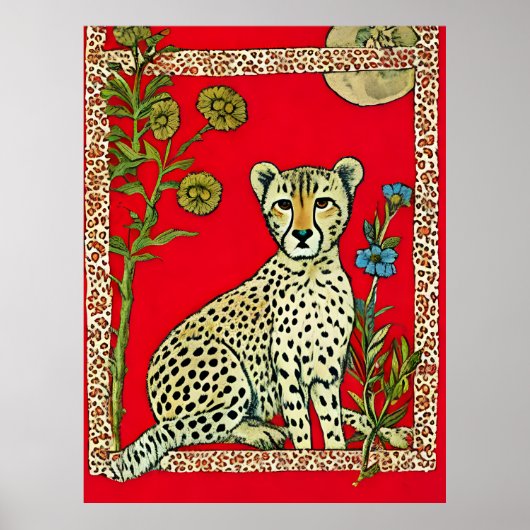 Poster Guépard sur fond rouge avec des fleurs (Devant)