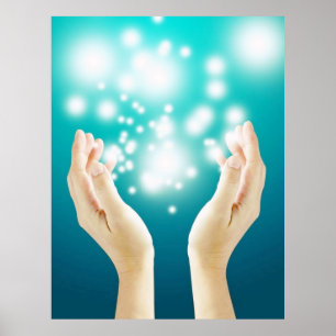 Poster Guérir les mains sur l'arrière - plan vert chakra 