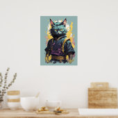 Poster Guerrier Chat Ninja Éclaboussure de Feu Gris Cool (Cuisine)