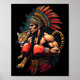 Poster Guerrier Inca Mexicain En Boxe Avec Esprit Jaguar