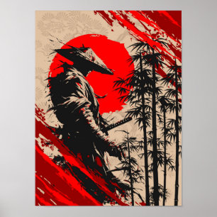 Poster Guerrier samouraï japonais lavis à l'encre
