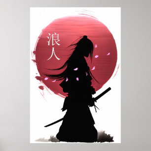 Poster Guerrier samouraï japonais sous soleil rouge