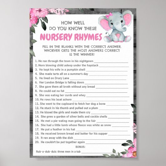 Poster Guess Nursery Rhymes Girl Elephant Douche Jeu (Devant)