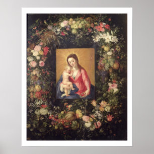 Poster Guirlande de fruit et de fleurs avec la Vierge et