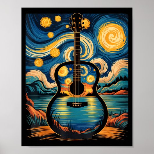 Poster Guitar Lake Starry Night Music Guitarist Van Gogh  (Devant)