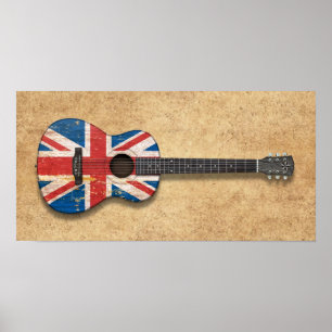 Poster Guitare acoustique âgée et utilisée de drapeau