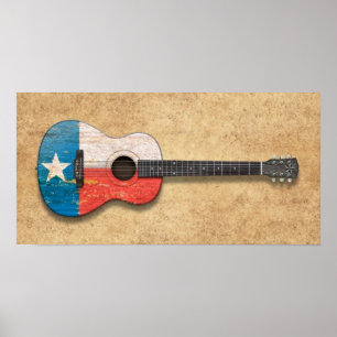 Poster Guitare acoustique âgée et utilisée de drapeau du