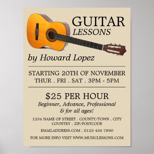 Poster Guitare acoustique, Leçons de Guitare Publicité (Devant)