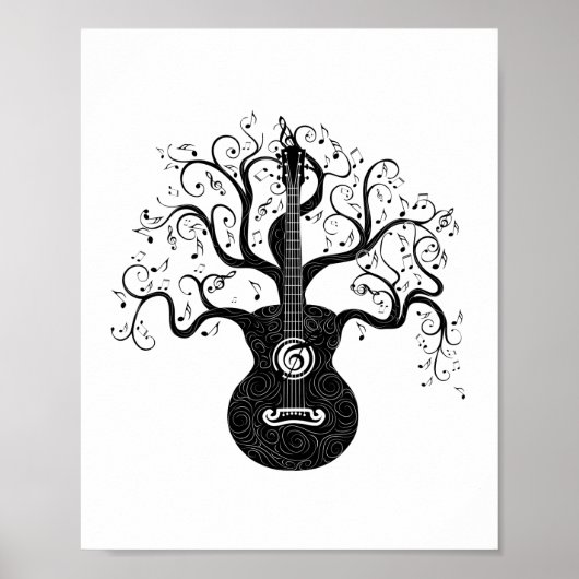 Poster Guitare arbre de vie et notes musicales (Devant)