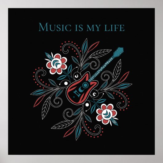 Poster Guitare Boho Rock’n’Roll avec fleurs (Devant)