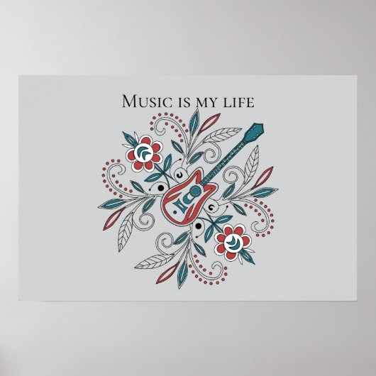 Poster Guitare Boho Rock’n’Roll avec fleurs (Devant)