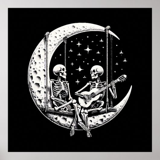 Poster Guitare de lune de couple de squelettes (Devant)