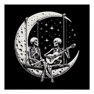Poster Guitare de lune de couple de squelettes