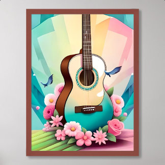 Poster guitare peinture acoustique couleur fleur rose ros