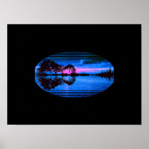 Poster Guitare Sunset Sky Trees City Lake Réflexion