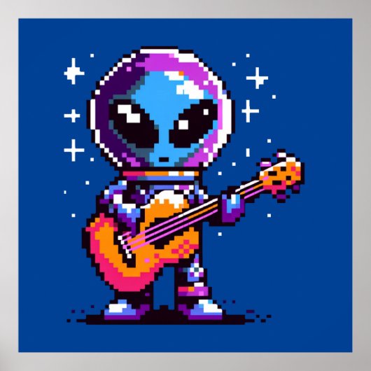 Poster Guitariste Alien 8 bits - Musique spatiale Pixel R (Devant)