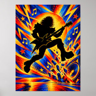 Poster Guitariste Hard Rock sautant sur scène Silhouette