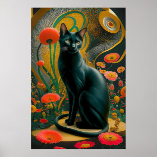 Poster Gustav Klimt Chat noir dans un jardin fleuri, Art
