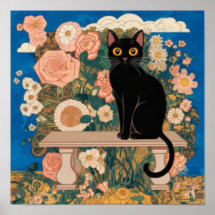 Poster Gustav Klimt Chat Noir Floral Art Vintage Altéré